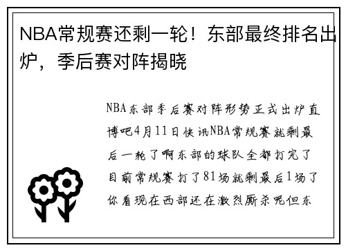 NBA常规赛还剩一轮！东部最终排名出炉，季后赛对阵揭晓
