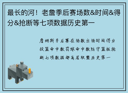 最长的河！老詹季后赛场数&时间&得分&抢断等七项数据历史第一