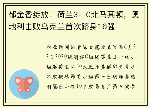郁金香绽放!荷兰3:0北马其顿,奥地利击败乌克兰首次跻身16强